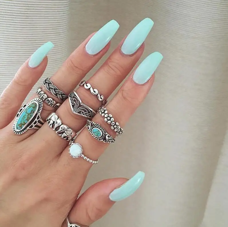 Vintage Turkish Punk Turquoise Ring 9pcs/Set Silver Midi Ring Sets for Women