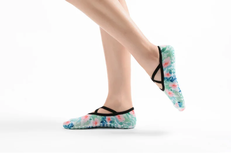 Womens Fashion Floral Printing Fitness Yoga Socks Non Slip Latex Dots Grip Pilates Socks