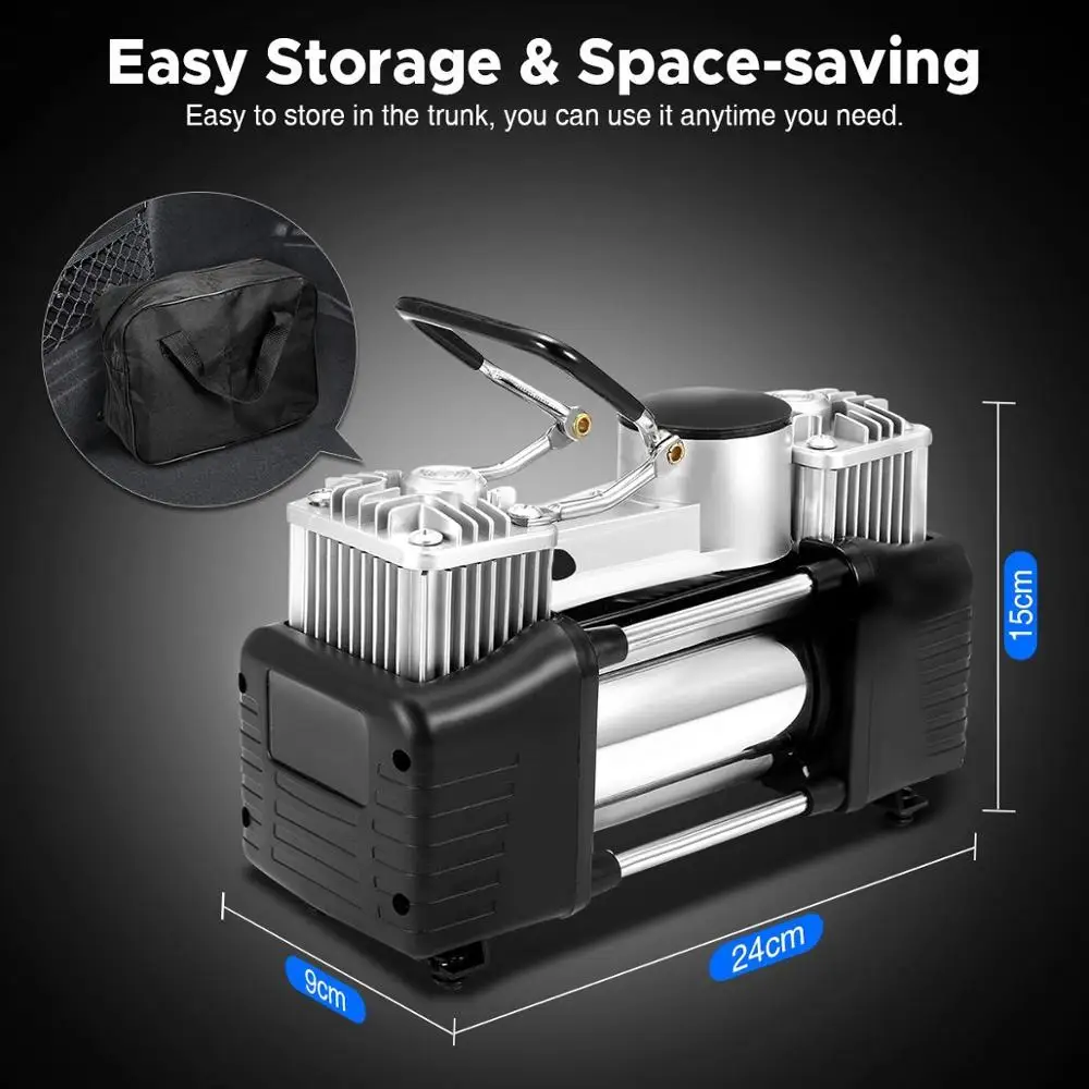 Double Cylinder Heavy Duty Tire Tyre Inflator Portable Mini Car Pump 12v Air Compressor With Led Light