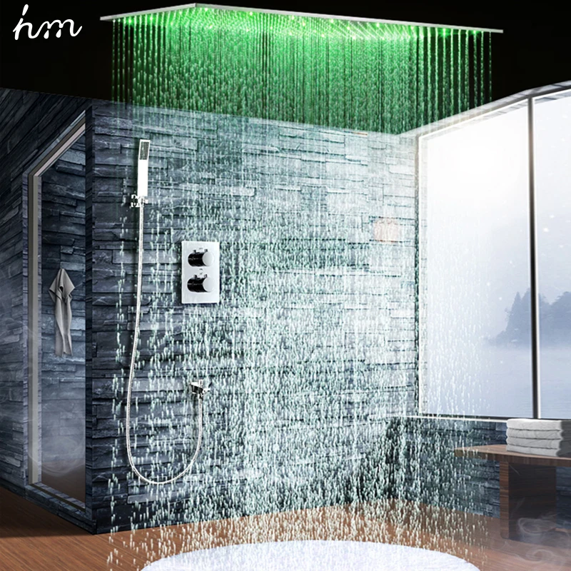 3 Colors Change Led Light Square Brass Big Shower Head , Bathroom Rainfall Mode Shower Sets