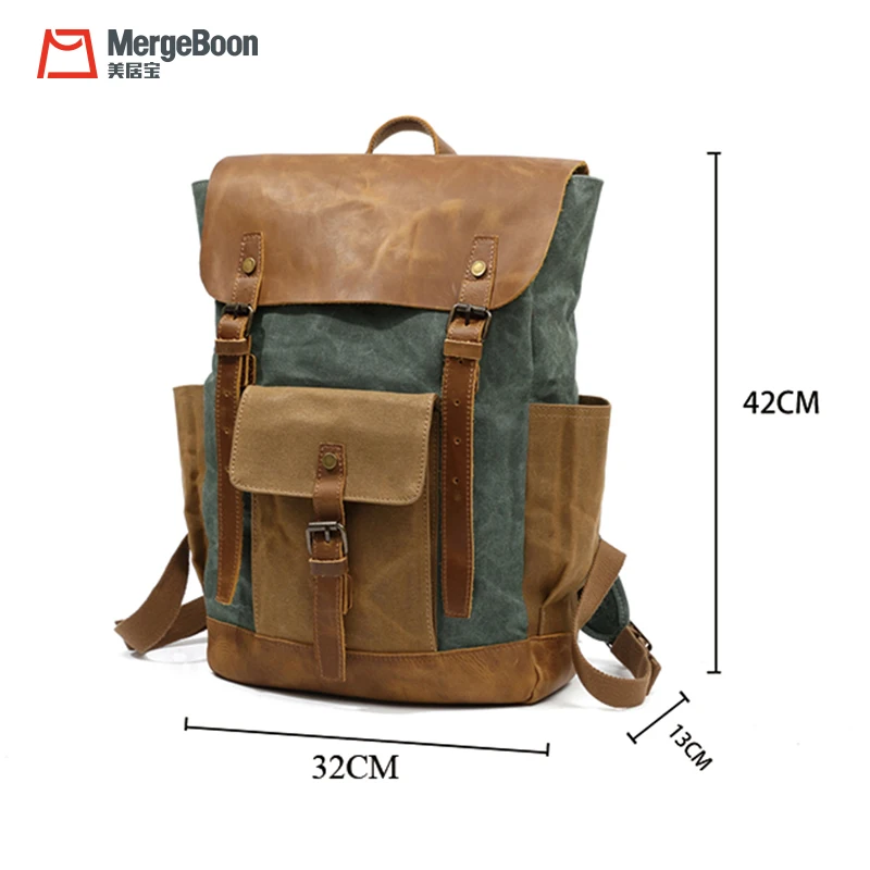 Unisex custom vintage waxed canvas genuine leather school backpack casual rucksack