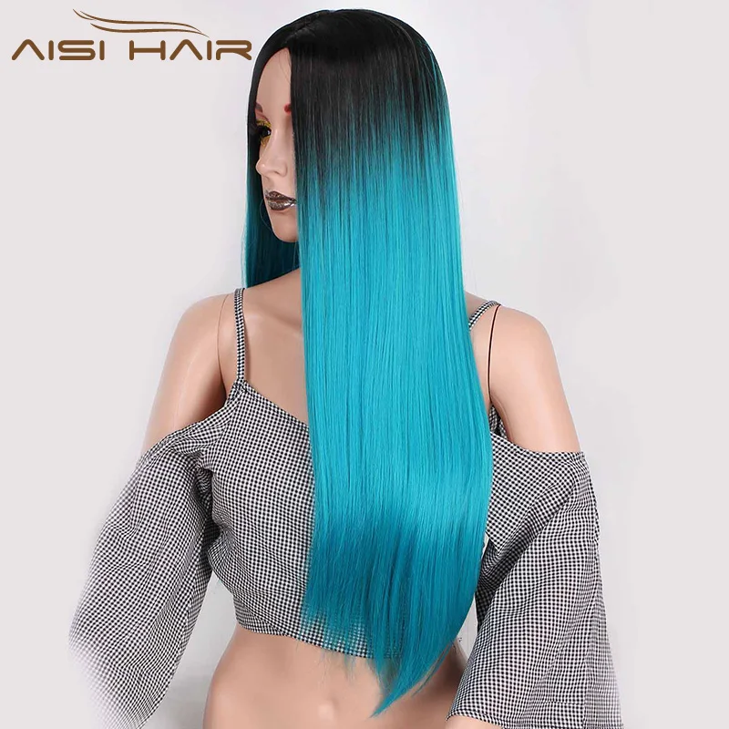 Aisi Hair Hot Selling Long Silky Straight Ombre Blue Color Wig Cheap Synthetic Cosplay Wigs For Black Women Heat Resistant Fiber