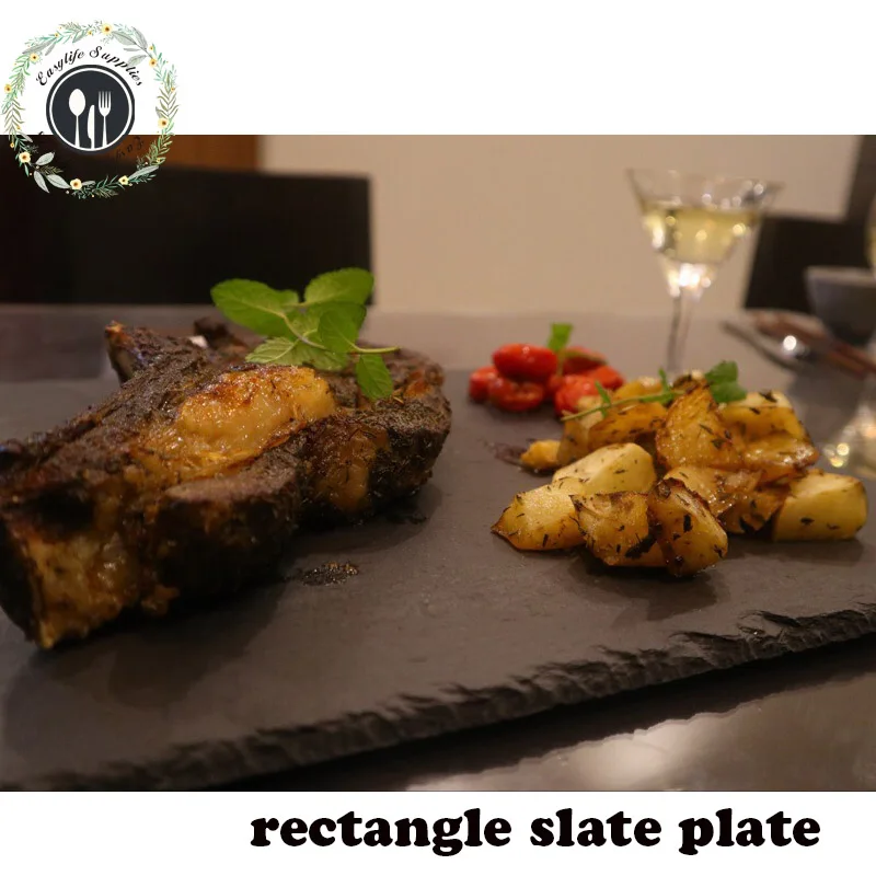 cheap price natural 30*20cm black stone slate plate in stock no MOQ for Restaurant opened