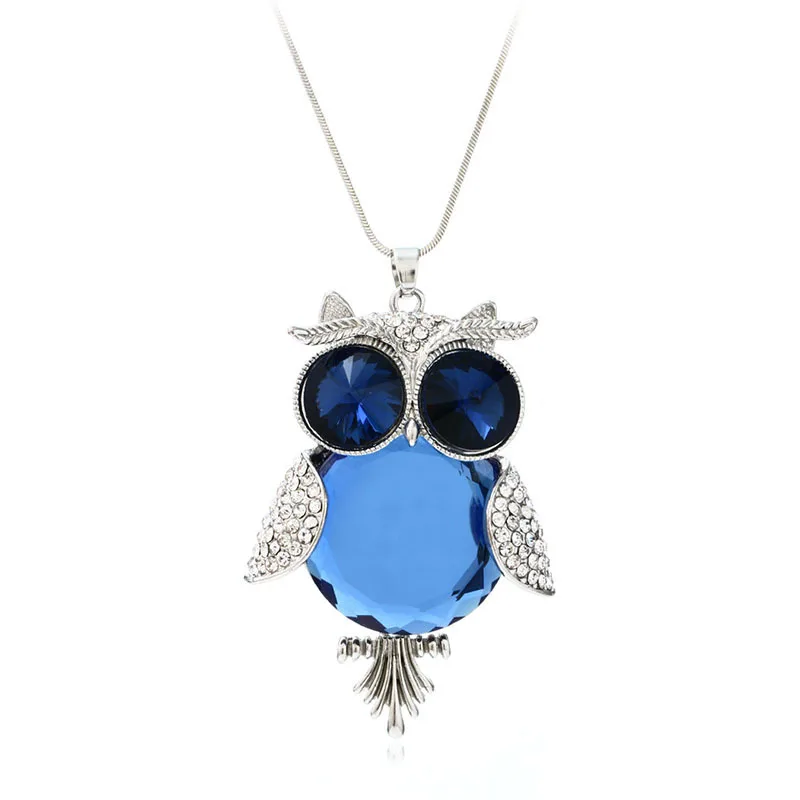 Antique Owl Glass Necklace Crystal Pendant Necklace Long Chain Sweater Necklace Women Jewelry