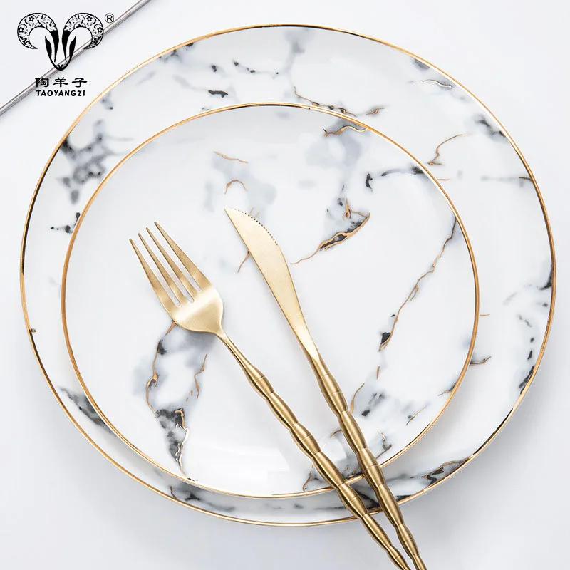 Luxury dinner dinnerware plate set gold rim marble ceramic plate