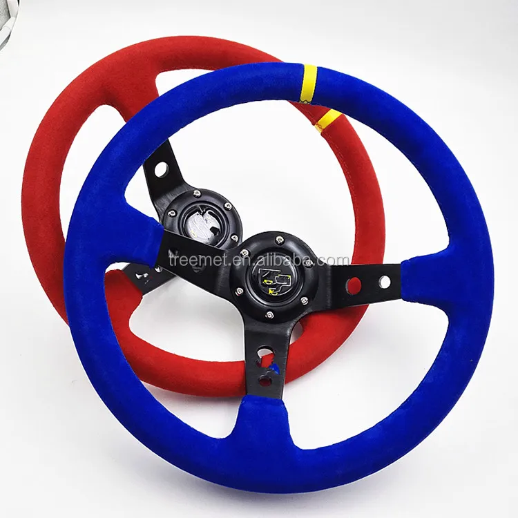 350mm 3 Inches Deep Dish 6 Hole Racing Steering Wheel Black Leather Yellow Pointer with Horn Button
