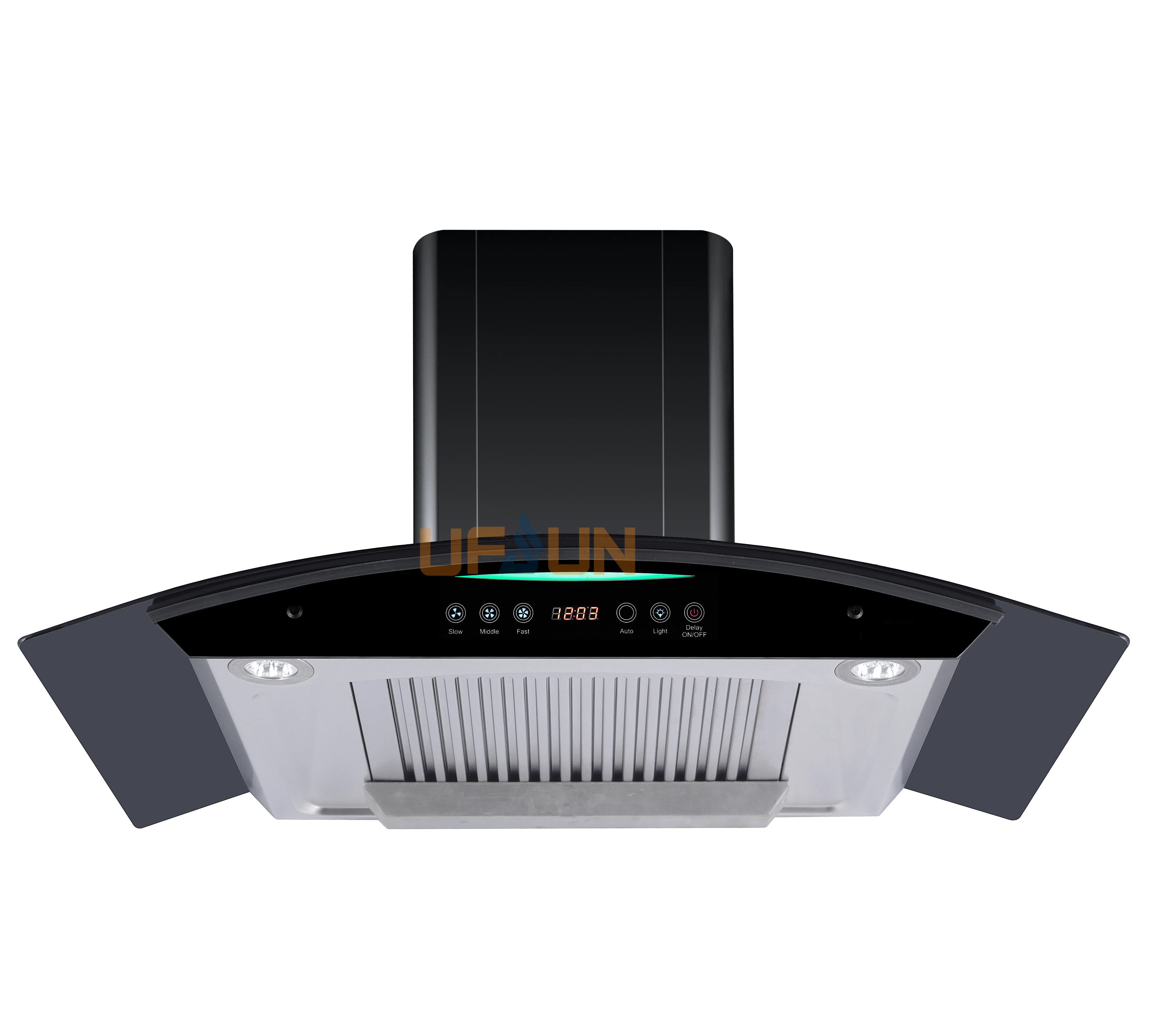 Baffle Filters Hot Sales Oil Cup Kitchen Range Hood Super Suction Curve Glass Cooker Hood for Kitchen