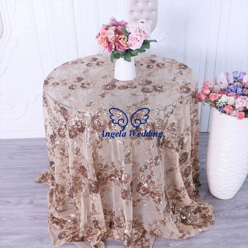 CL090C New design  beautiful 2019 gliter embroidery pattern floral sequin lace silver round or rectangle table cloth