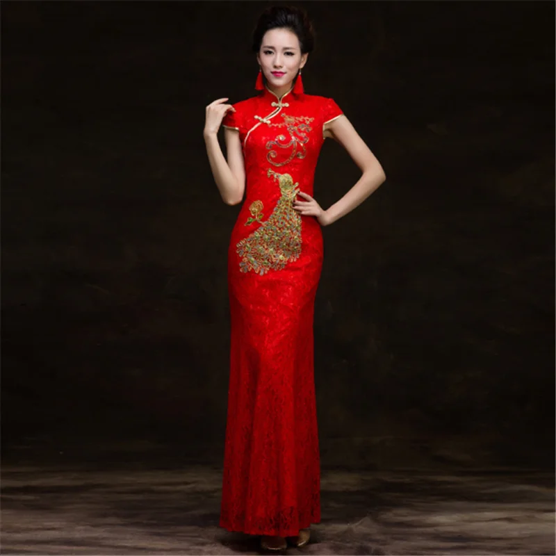 Женское вечернее платье с павлиньим хвостом, длинное кружевное платье Ципао в китайском стиле с блестками и вышивкой, свадебное платье