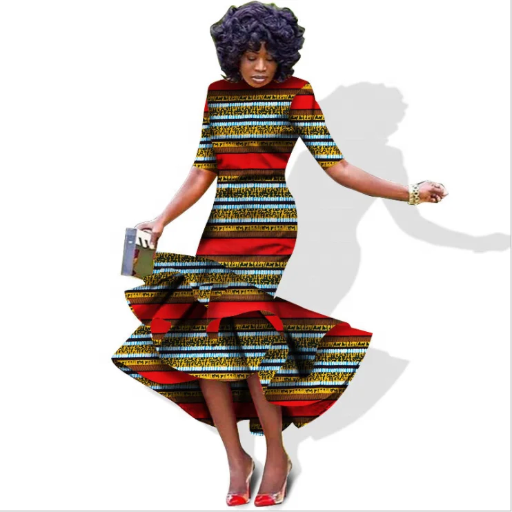 100% cotton full printing wax fabric African slim fit dress in half sleeve