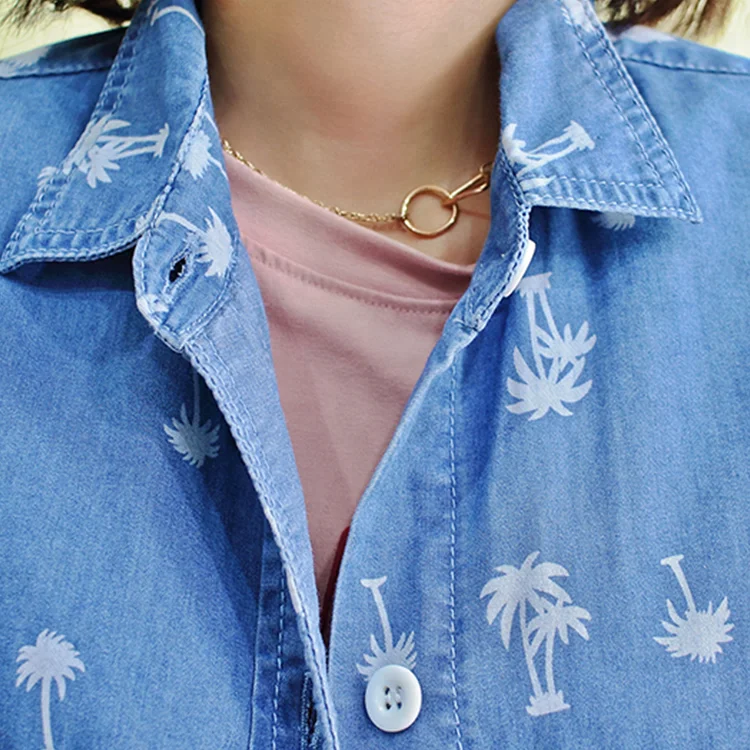 
Young ladies 100% cotton chambray casual long sleeves shirt , loose fit blouses 