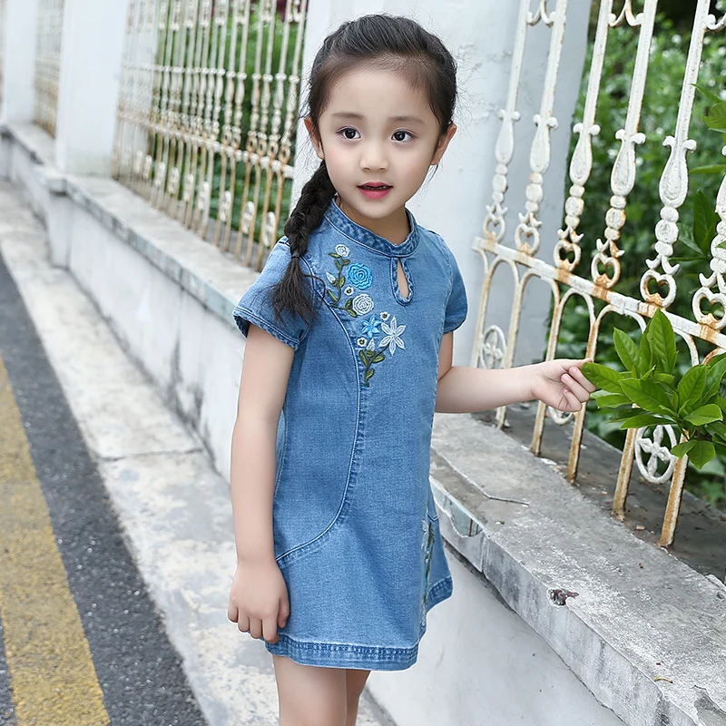 Заводская цена, китайский стиль, джинсовая ткань, Чонсам с вышивкой, джинсовое платье