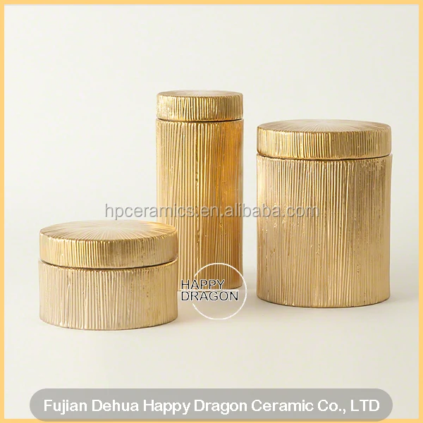 Line engraved Gold Ceramic Candle Jar with lid