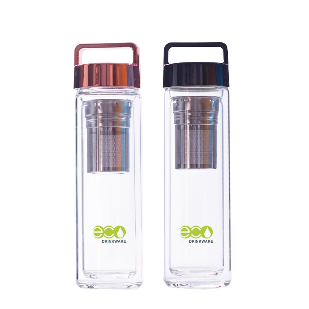 Stocked GA6080 450ML/16OZ shiny loop lid double wall borosilicate glass tea infusion water bottle tumbler