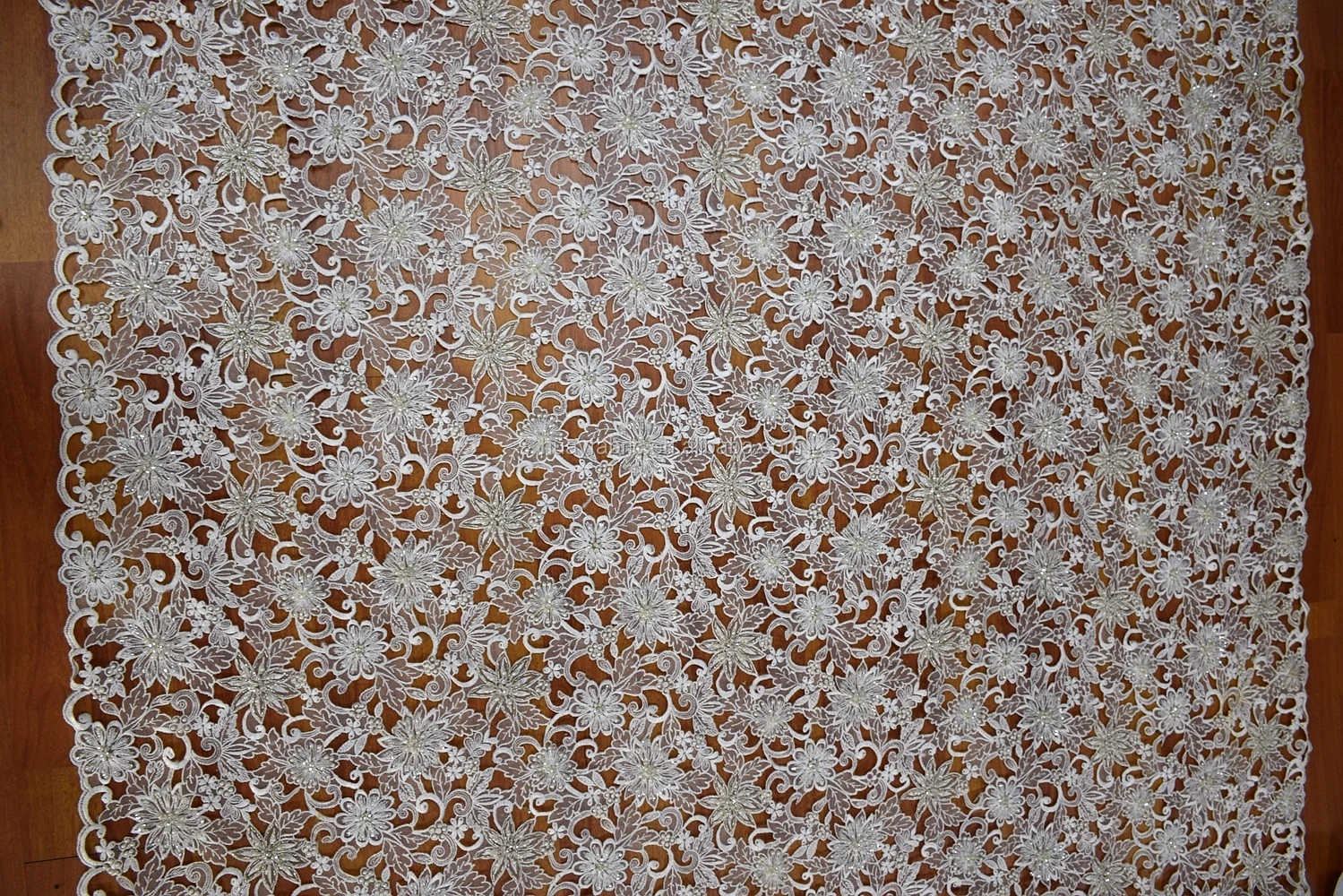 New design french white organza hand cut 3d sequin lace fabric beads bridal with pearls for wedding lace dress fabric HY0844-3
