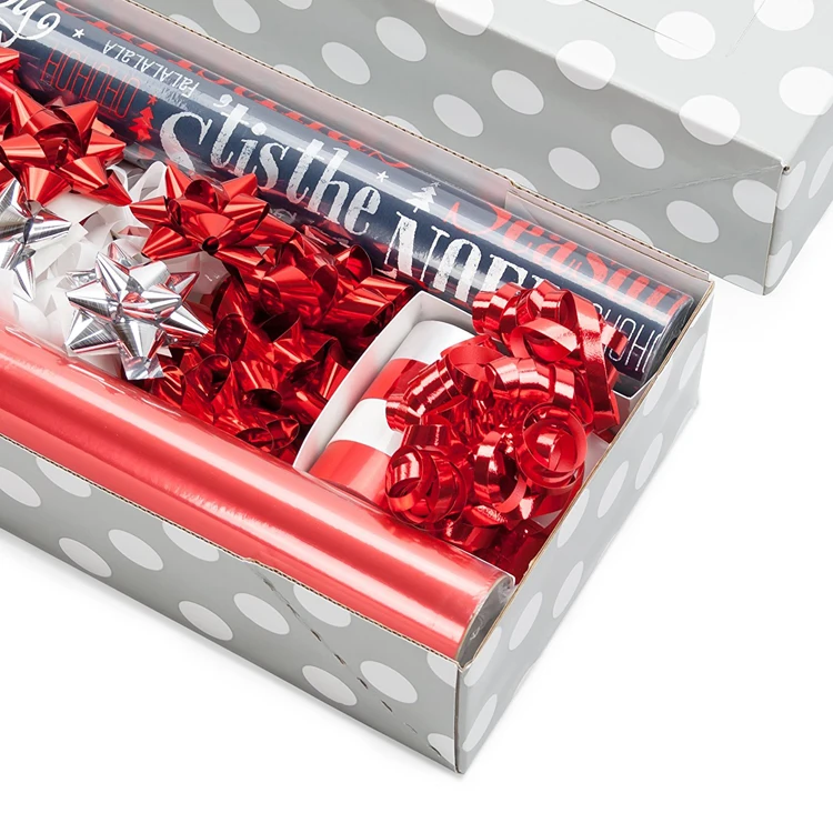 HOT SALE red silver design christmas gift printed wrapping tissue paper set with bows ribbons tags bag
