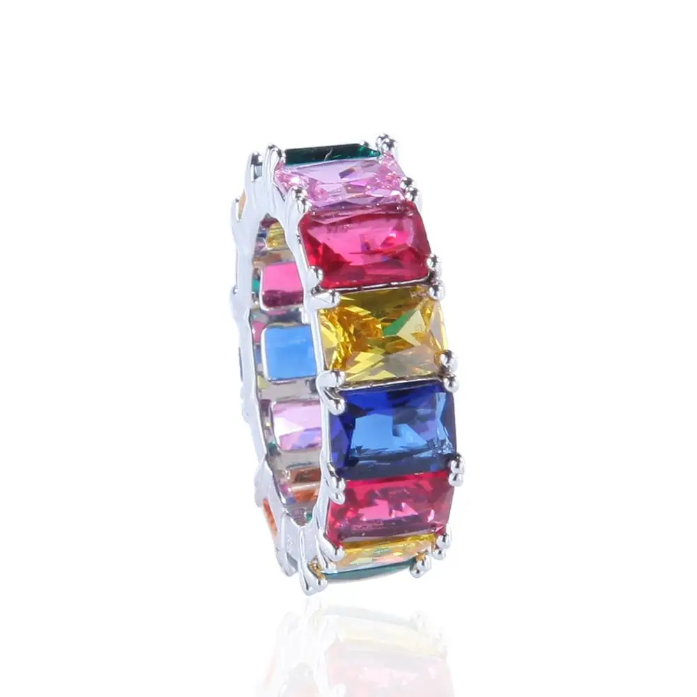 High Quality CZ Rainbow Baguette Ring Zirconia Diamond Ring Gold Plated Women Men Rappers Jewelry