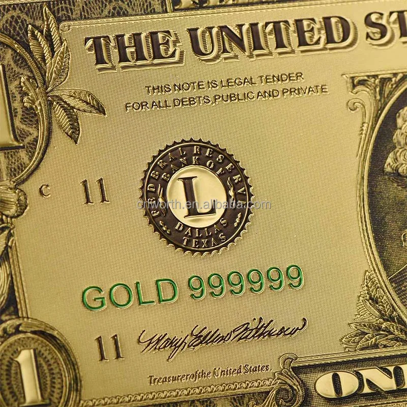 Home Decor Art Crafts 24k Gold Banknote USD 1 Colored Fake Bills Foil American Paper Money