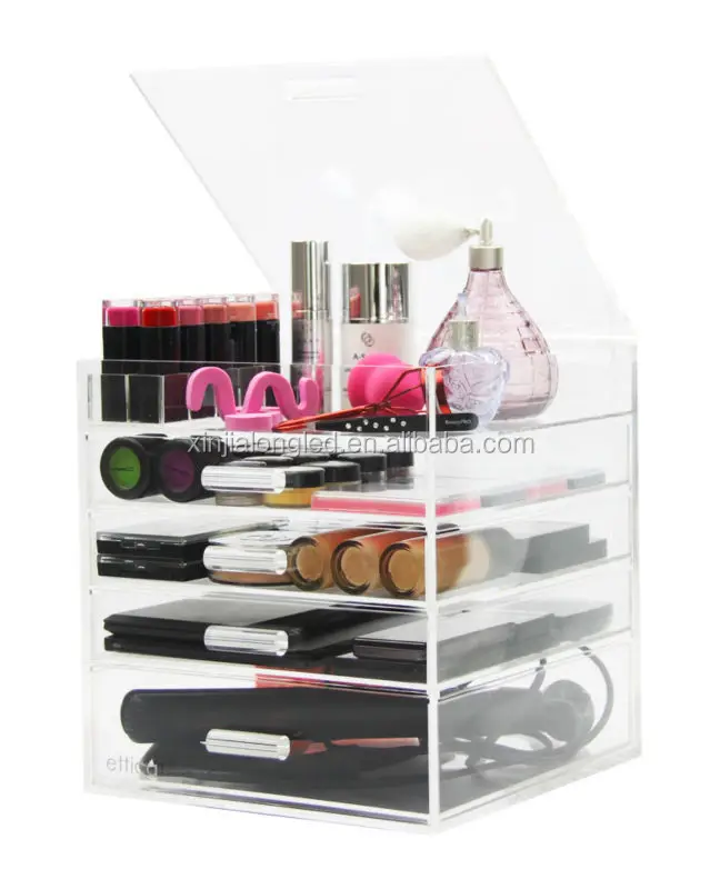 Acrylic Cosmetics Organizer Box with 4 Drawers Clear Acrylic Jewelry Chest with Lid and Drawers