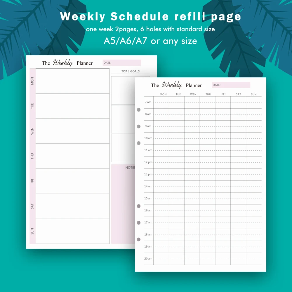 A5 /A6/A7 /A4/B5 weekly pages customize ,6 rings holes planner refill pages personal diary weekly schedule insert page