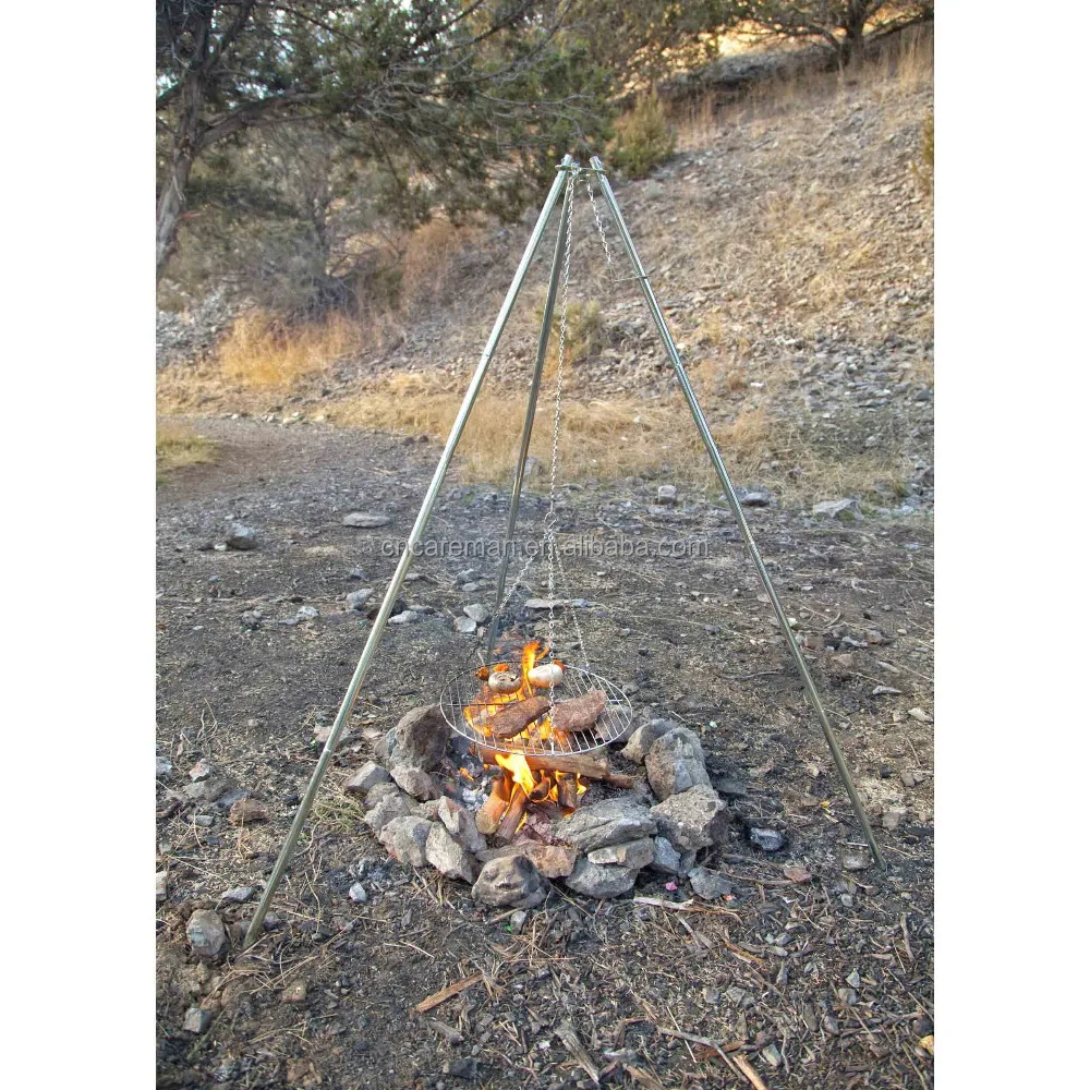 Chromed Steel Tripod Barbecue Stand, Tri-pod Cooker w/Round BBQ Grill/Campfire Grill & Lantern Hanger OEM Orders Accepted