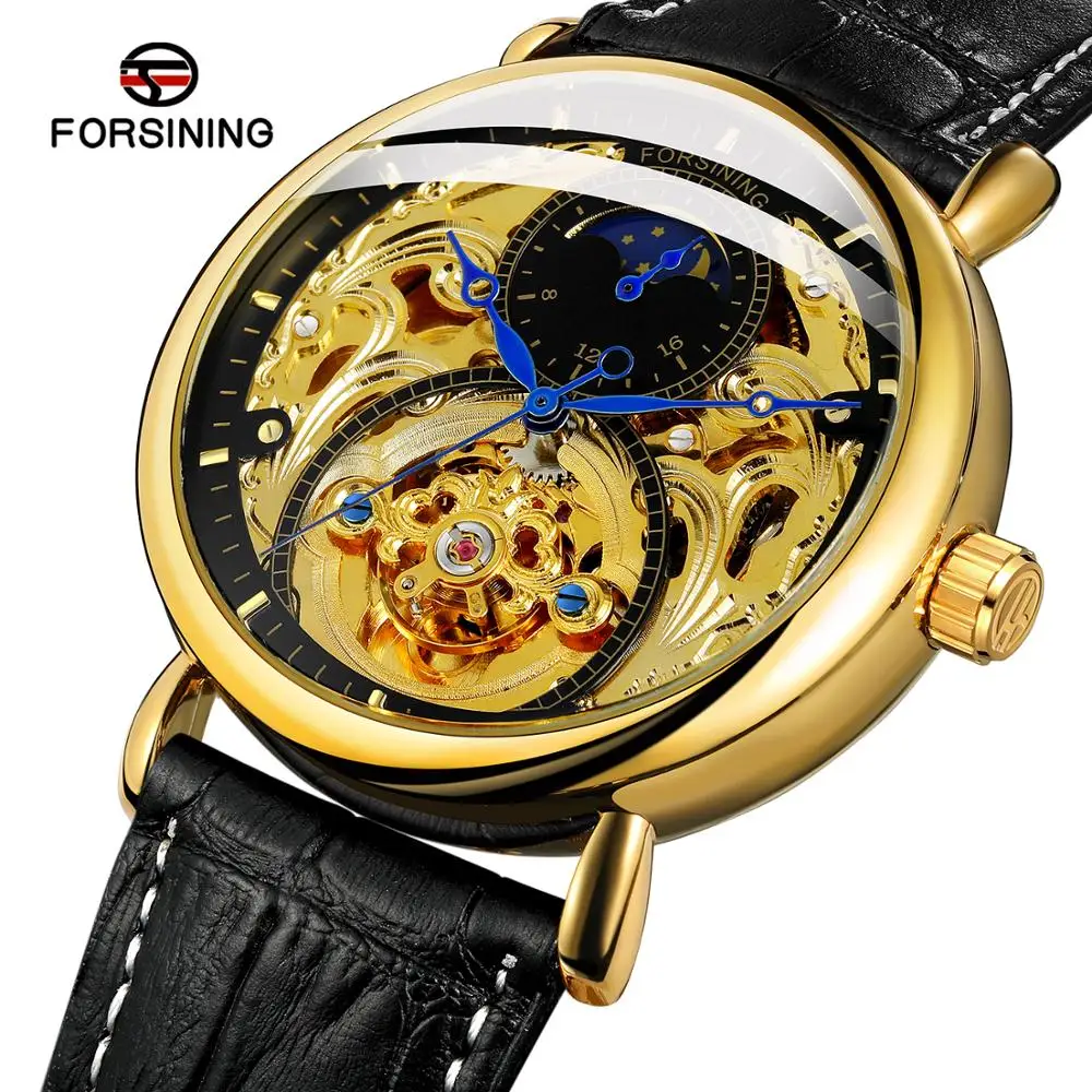 2024 Forsining Automatic Mechanical Wrist Watch luxury Skeleton Moon Phase  Gold Sports Watches Men Wrist