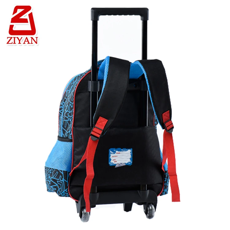 Hot sale 2 glitter wheels children rolling school backpack for boys, cool 3D cartoon action robot kids school bags with trolley