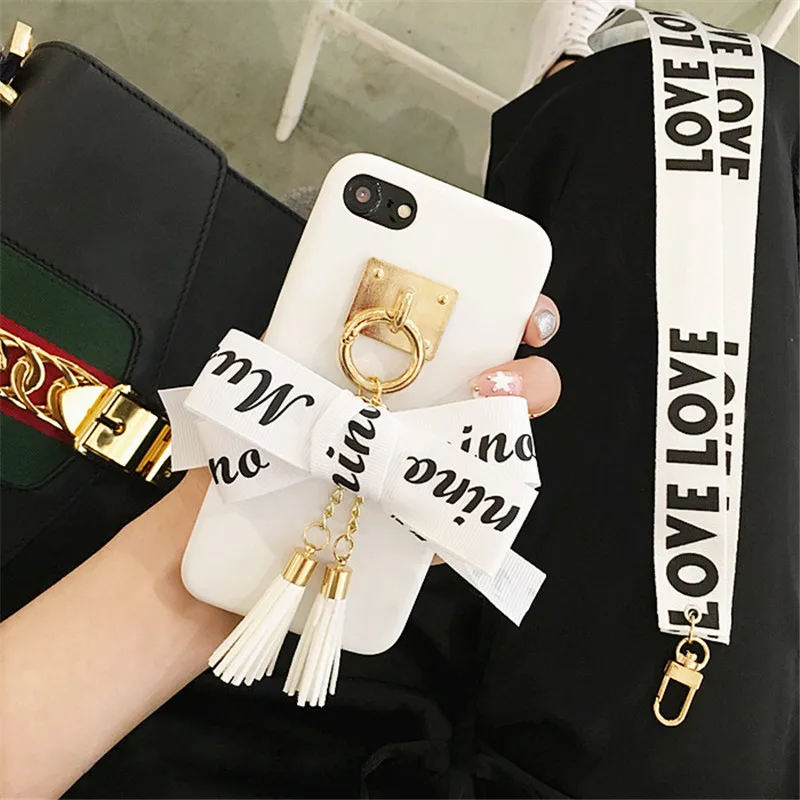 New Korean Love Strap Bowknot Tassel Case For iPhone 7 7plus Soft Pro-PU Black & White Back Cover for iPhone X 8 6S 6 6splus