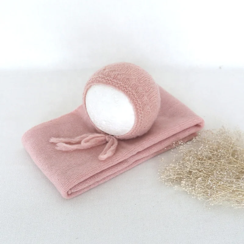 Four Side Wrap And Bonnet Photography Props Baby Stretch  knit Wrap Whit Hat Newborn Shoot Props