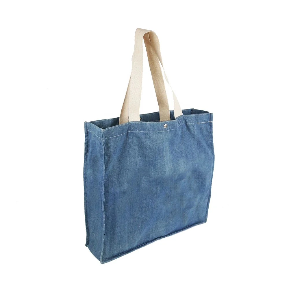 Cotton  Denim Fabric shopping tote bag with cotton handles and metal button