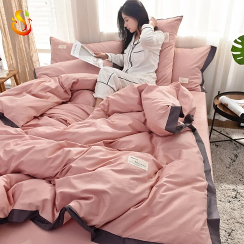 Solid color cotton four-piece quilt cover sheets japanese-style 4pcs bedding set