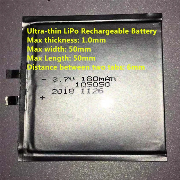 105050 thin battery 180mah 3.7V thickness 1.0mm