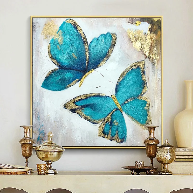 
Gold Blue Butterfly Texture Hand Painting on Canvas Cheap Wall Art Pictures cuadros decorativos for Living Room 