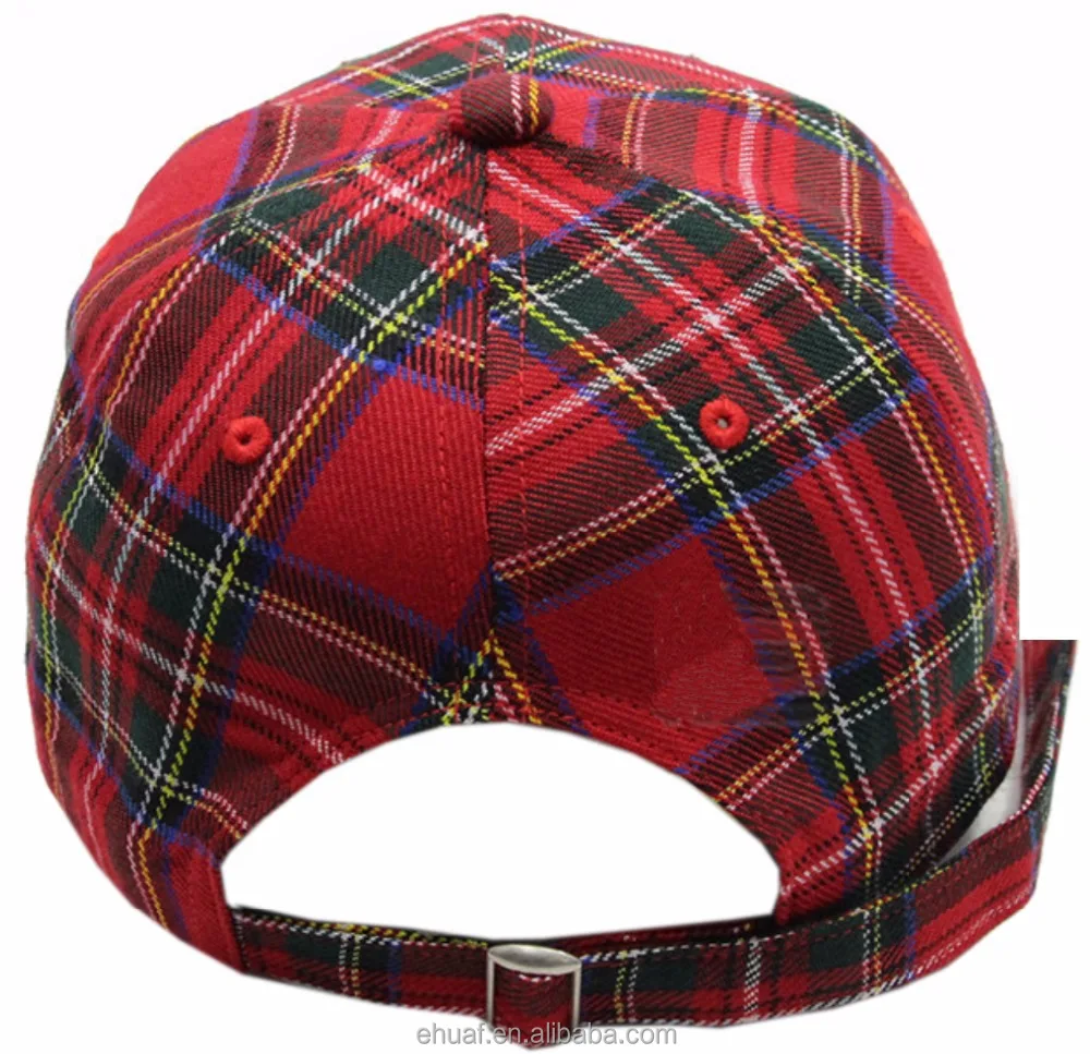 New adjustable strap closure peaked 6 panel structured baseball red grid plaid fashion caps hats