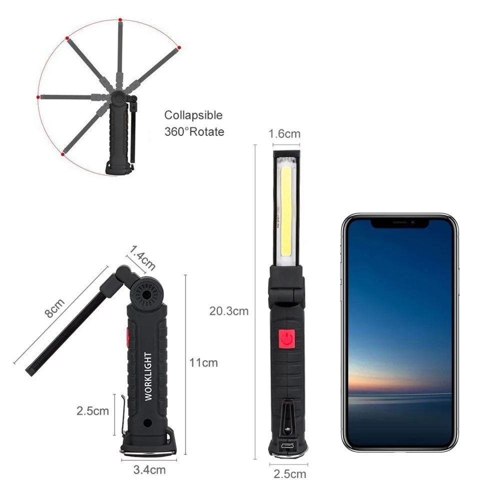 New Portable COB LED Flashlight USB Rechargeable Work Light Magnetic Lantern Hanging Lamp with Built-in Battery Camping Torch 80