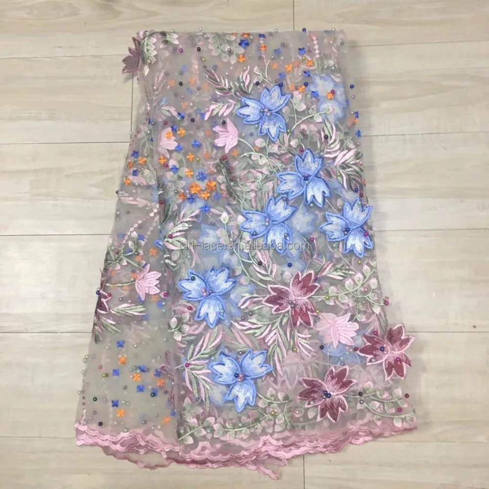 HOT sell 3D Flowers high quality lace fabric french tulle lace with Beads TS107-4