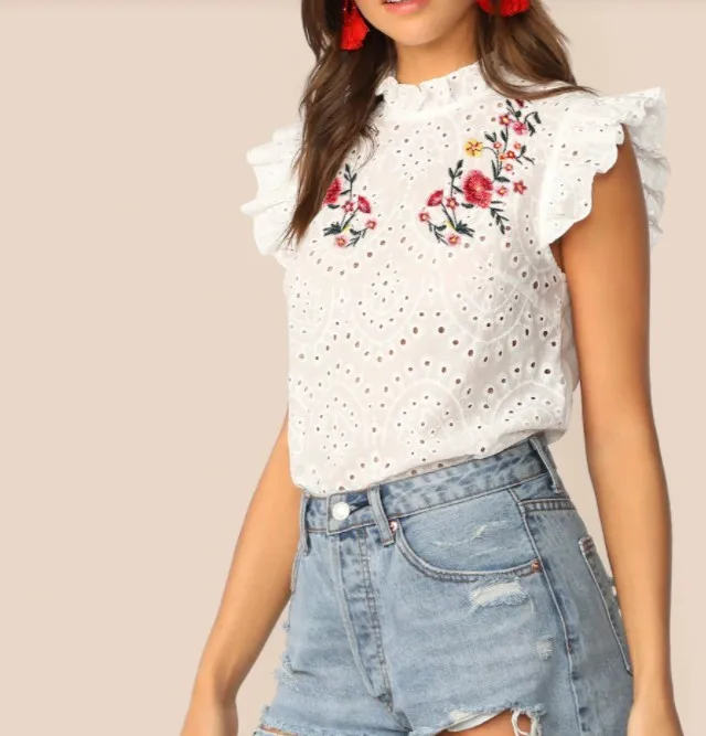 Beaty embroidered top ruffle trim top floral eyelet top