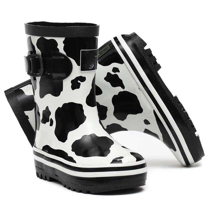 Fancy pattern online shop small moq black white cow print silicone rubber ankle child rain boots wellingtons with side buckle