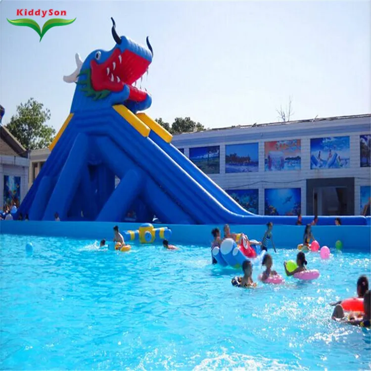 Mobile water park equipment large entry support tank children inflatable water slide floating toy on water.