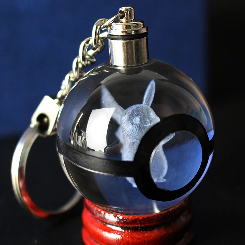 Hot Game 3D Laser Pokemon Keychain Crystal Stock Led Keyring Pokemon Ball Figures Monster Kid Birthday Gifts