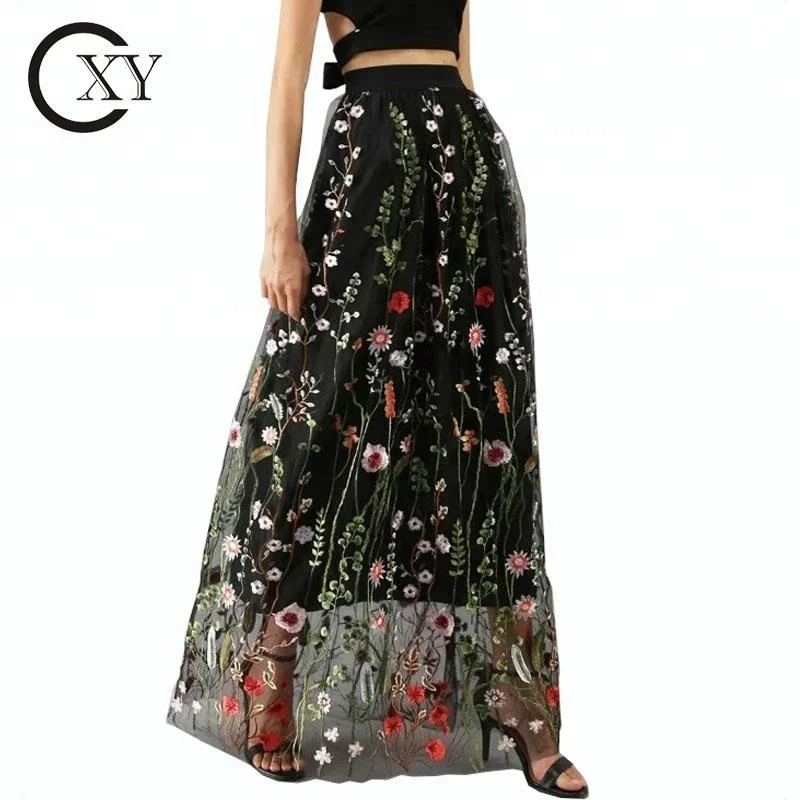 Customize Women Stylish Embroidered Floral Mesh Maxi Skirt In Black