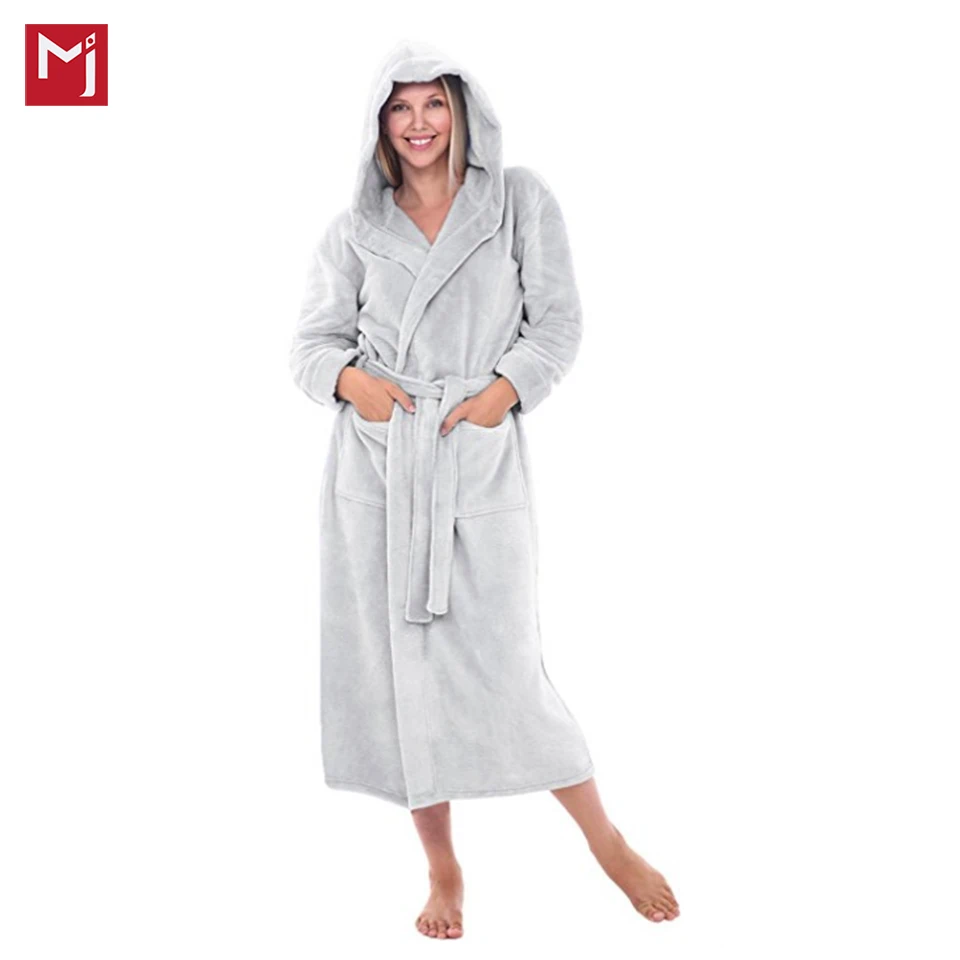 
Womens Fleece Robe, Long Hooded Bathrobe 