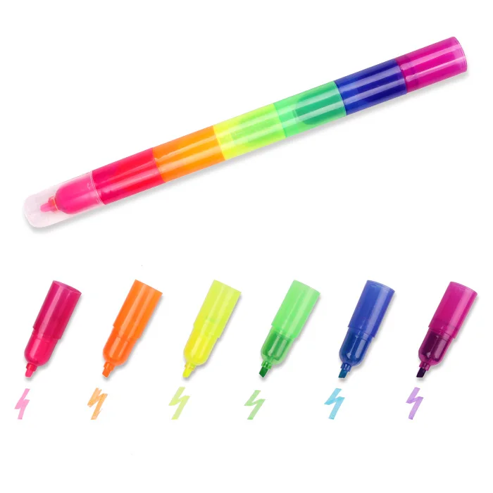 INTERWELL HM99 Hot Sale 6-Color Rainbow Mini Highlighters Pen Marker Set Plastic With Oblique Flat Brush Tip Loose Packaging