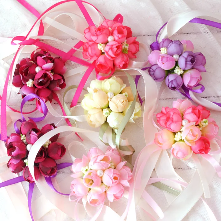 
ZH3624G Wholesale Beautiful Bridesmaid Wrist Flowers Wedding Accessories Artificial Flowers Colorful Hand Flowers 