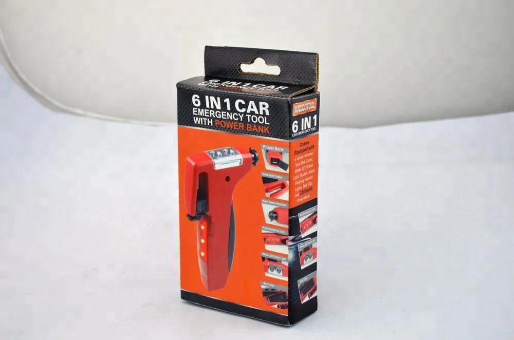 
MT17524 6 In 1 Car Emergency Tool W/Power Bank Car Safety Window Glass emergency tool 
