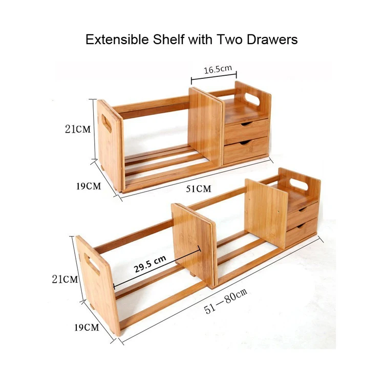 Natural Bamboo Desk Organizer with Extendable Storage and Two Drawers for Office