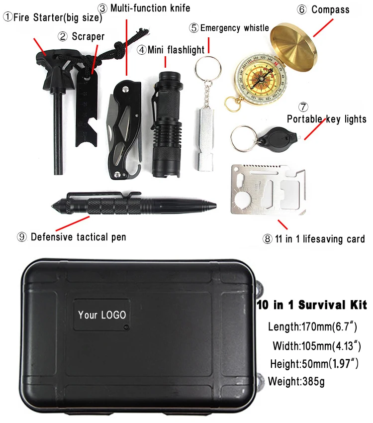 2018 Amazon Top Sale10 In 1 Emergency Survival Kit Outdoor Survival Gear Kit For Hiking, Camping, Fishing, Climbing