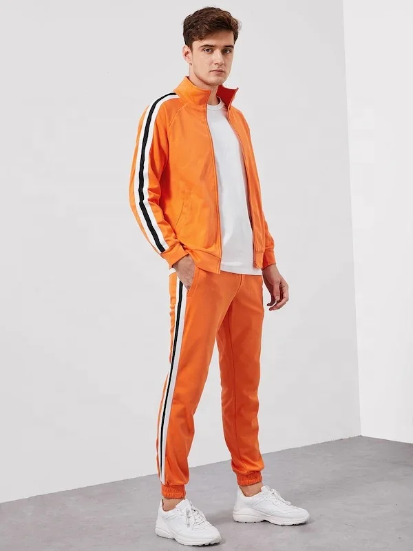 KY School uniforms funnel collar Men Zip Front Pocket Striped track jacket men & jogging Pants Set mens gym apparel gymwear