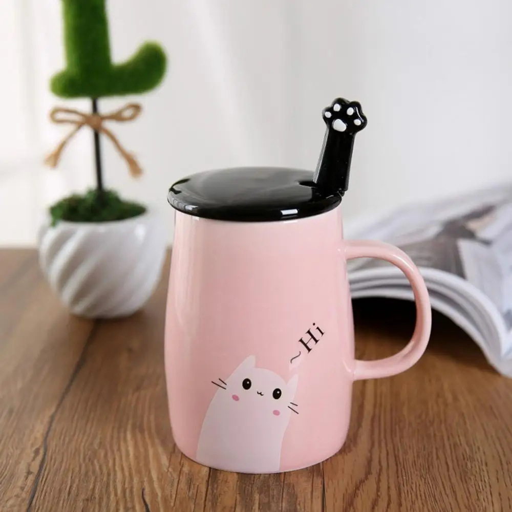 Pink Cute Cat Mug Funny Ceramic Coffee Mug with Stainless Steel Spoon