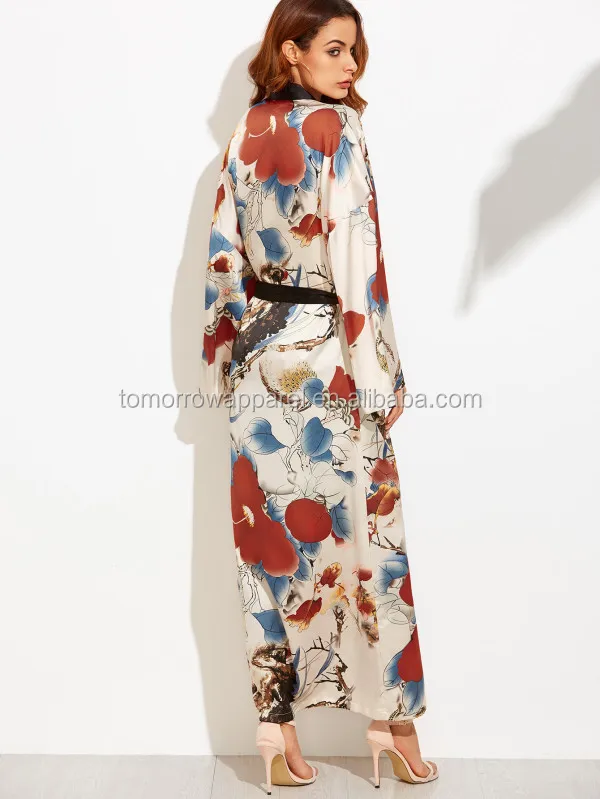 Calico Print Contrast Trim Belted Maxi Kimono Manufacture Wholesale Fashion Women Apparel (TA3006K)